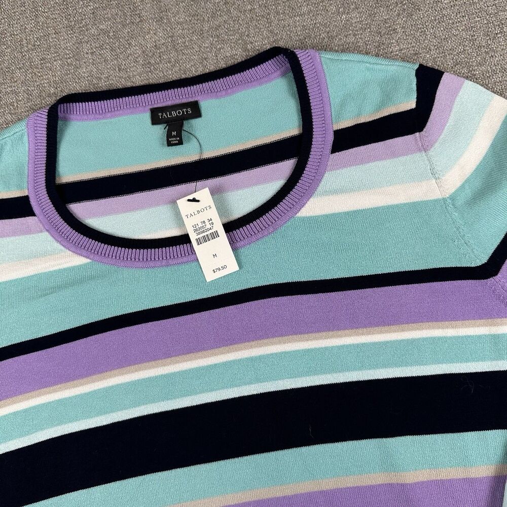 Talbots Sweater Navy Purple Striped Pullover Knit Cotton Blend Zipper Large
